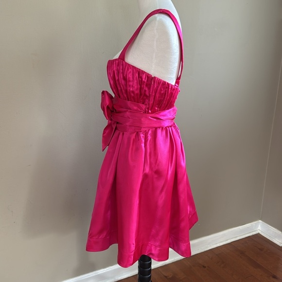 Anthropologie Maeve Pink Bow-Tie Satin Pockets Cocktail Mini Dress Size 12 - Picture 9 of 13